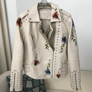 Chaqueta Safari de Cuero PU para Mujer, Cortavientos, con Bordado Floral, Cierre de Cremallera, Cuello Camisero, Manga Larga, Largo Regular, Invierno - Product Image 5