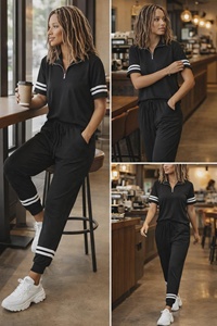 Ensemble de survêtement 2 en 1 pour femmes, rose, à capuche, demi-zip, manches longues, couleur unie, coupe décontractée, avec poches latérales, pour l'automne - Product Image 3