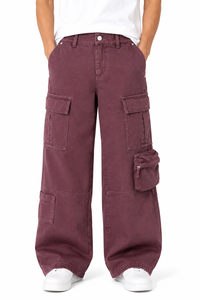 Mens Washed Cargo Denim Pants Wide Leg Utility <b>Jeans</b> Casual <b>Burgundy</b> Streetwear Trousers with Multi Pocket Design Relaxed Fit - Product Image 1
