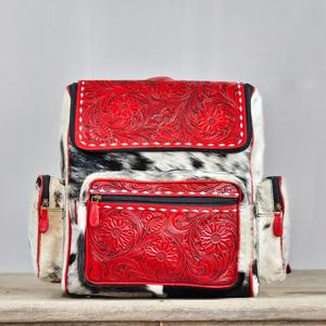 Red Genuine Leather <b>Backpack</b> Square Shape Zipper Closure Detachable Shoulder Strap Water Resistant All Seasons Daily Use - Product Image 2