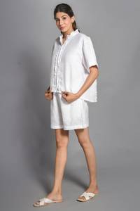 Women's White <b>Linen</b> 2 Piece Shorts <b>Set</b> Short Sleeve Loose Fit Casual Spring Summer Solid Color Turn-down Collar Button Front - Product Image 3