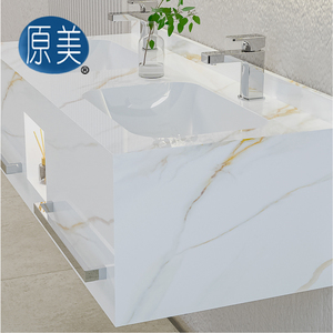 Mueble de Baño Moderno de Pared con Lavabo de <span class=keywords><strong>Roca</strong></span> de Pizarra, Mueble de Lavabo de Lujo para Hotel con Iluminación LED, Nicho y Toallero - Product Image 1