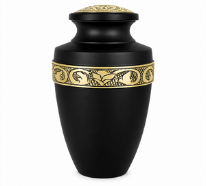 Urna Funeraria Personalizable Negra con Banda Dorada, Grabado, Adhesivo con Imagen Conmemorativa, Diseño Esmaltado para Guardar Cenizas Humanas - Product Image 1