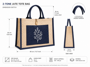 Sac fourre-tout en jute laminé bicolore avec deux poignées, poche avant, fermeture à bouton, écologique, réutilisable, pour les courses, les courses alimentaires, la plage - Product Image 3