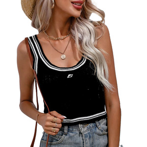 Wholesale Women Black Contrast Trim Knit Crop Top OEM Custom Sleeveless Scoop Neck Summer Casual Vest for Boutique women's shirt - Product Image 2
