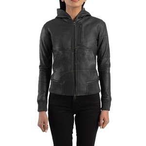 Premium Genuine Leather Hooded <b>Jacket</b> for Women Slim Fit Soft <b>Sheepskin</b> Black Leather Bomber <b>Jacket</b> With Ribbed Cuffs - Product Image 1