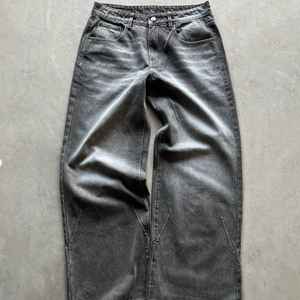Jean en denim ample pour homme, coupe décontractée, en coton mi-lourd respirant, délavé, style streetwear, couleur unie, tissu tissé, automne - Product Image 5