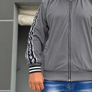 <b>Men's</b> Gray Racer <b>Velvet</b> <b>Jacket</b> Solid Color Zipper Closure Casual Style Stand Collar Polyester Material Autumn Wear For Boys - Product Image 3