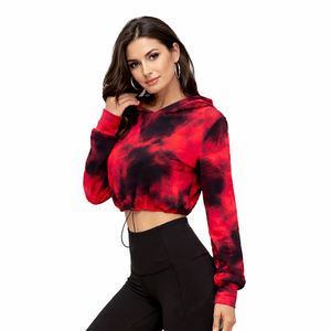 Sweat-shirt à capuche court tie-dye pastel pour femme, manches longues, cordon de serrage, streetwear décontracté, logo personnalisé - Product Image 5