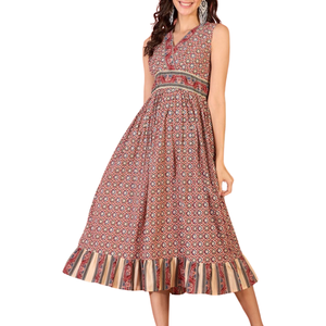 Vestidos de Verano para Mujer 2026, Sencillos, Modestos, con Cintura Elástica, sin Mangas, con Tirantes, Estampado Étnico Informal, Corte Ajustado y Evase, Maxi - Product Image 3