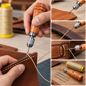 Kit d'aiguilles à coudre en cuir avec manche en bois, aiguilles et fil pour la fabrication de bijoux, la réparation du cuir et le bricolage ZetomedPro - Product Image 5