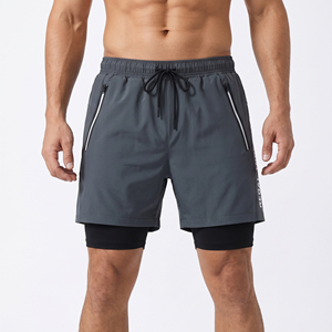 Custom Logo Print Double <b>Layer</b> Shorts Men Gym Eco-Friendly Drawstring Short Sports Compression 2 In 1 Short Pant Zipper Pockets - Product Image 4