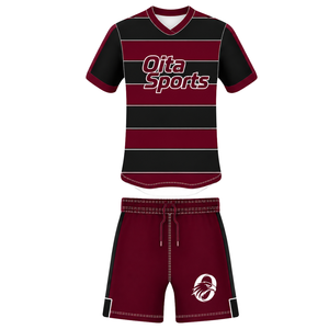 Dark Maroon <b>Black</b> <b>Short</b> Sleeve <b>Rugby</b> Uniform Set Crew Neck Striped <b>Rugby</b> Jersey Drawstring <b>Shorts</b> Athletic Performance Training - Product Image 1