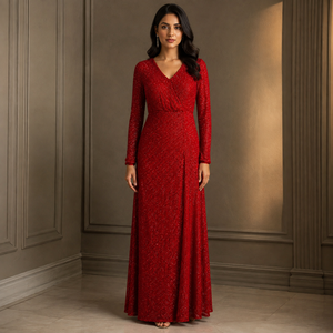 Robe de soirée élégante rouge à paillettes |   Robe longue de soirée formelle à manches longues, col en V, coupe trapèze, style portefeuille, dos ouvert, pour femme - Product Image 4