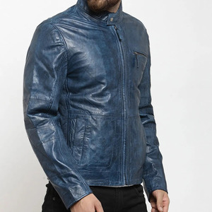 Blouson moto homme en cuir véritable bleu, col montant, fermeture éclair, coupe ajustée, coupe-vent, pour l'automne - Product Image 5
