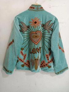 เสื้อแจ็คเก็ตซูซานีปักลายดอกไม้สีฟ้าสไตล์วินเทจ ผ้ากำมะหยี่ แต่งลายรูปนก แขนยาว คอตั้ง สไตล์โบฮีเมียน เสื้อโค้ทฤดูหนาวสำหรับผู้หญิง - Product Image 5