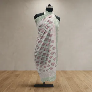 White Pink Floral Hand Block Printed Cotton <b>Sarong</b> Scarf with Mint Green Border Lightweight Beach Wrap Stole for Women - Product Image 3