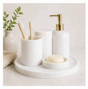 Ensemble d'accessoires de salle de bain en marbre blanc artisanal, ensemble de bain en pierre naturelle avec distributeur de savon à pompe doré pour hôtels et maisons - Product Image 5