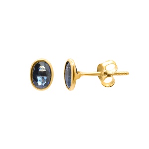 14k Yellow Gold Natural Oval <b>Blue</b> <b>Sapphire</b> Bezel Stud <b>Earrings</b> Memoria Jewels - Product Image 2