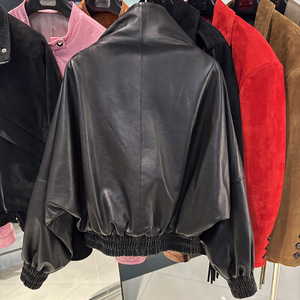 YOLOAgain Chaqueta blusón de cuero genuino para mujer, manga corta abullonada, color sólido, estilo otoñal - Product Image 4