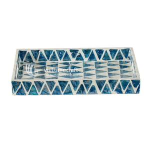 Mosaic Inlaid Tray, Geometric Triangle Mother of Pearl Inlaid Wooden Tray, Ocean Blue Serving Tray with <b>Handles</b> - Product Image 1