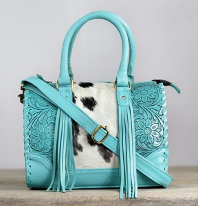 Turquoise 100% Genuine <b>Leather</b> Speedy Duffle Handbag With Cowhide Panel Floral <b>Tooling</b> And Tassel Fringes Sky Blue & White Color - Product Image 1