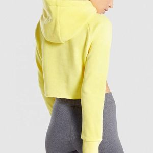 Hoodie court jaune pour femme, manches longues, en tissu éponge, écologique, pour l'été, en coton tricoté - Product Image 4