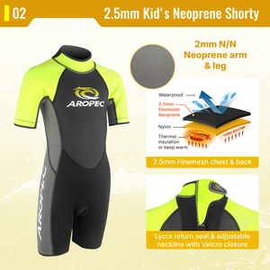 Combinaison courte en néoprène Aropec 2,5 mm pour enfants, fermeture éclair avant, coutures plates, maillot de bain thermique pour enfants pour le surf et la plongée OEM/ODM - Product Image 3