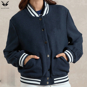 Hand Made Women Navy Blue Varsity Jacket Full Sleeve Button Up Contrast Trim Regular Fit Autumn Solid Color Turn-Down Collar - Product Image 5