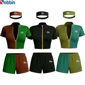 Ensemble de survêtement 3 pièces respirant et à séchage rapide en Spandex/Polyester pour femme, style Hip Hop, comprenant une veste courte zippée sans manches, un short moulant et une bandeau pour la gym - Product Image 1