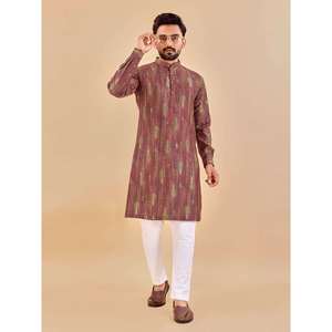 KURTA DE TRAVAIL EN COTON IMPRIMÉ À LA MODE AVEC PAYJAMA MARRON - Product Image 1