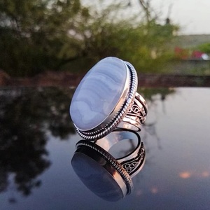 Blue Lace Agate 925 Sterling <b>Silver</b> Handmade Oval Cut Lock Shape <b>Ring</b> Party Anniversary Gift Promise Boho <b>Statement</b> Jewelry - Product Image 5