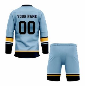 Team Ice Hockey Uniform Set <b>Light</b> Blue Black Yellow Sublimated Full Sleeve Breathable Men's Apparel Regular Fit - Product Image 2