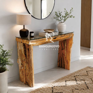 Console rustique en bois massif avec plateau en verre trempé, meuble d'entrée moderne fait main - Product Image 2