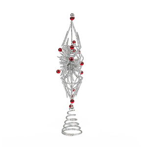 Décoration de sommet de sapin de Noël en forme d'étoile scintillante argentée avec base en spirale en fil de perles rouges - Product Image 5