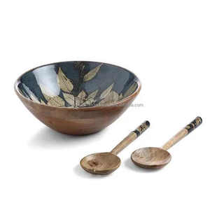 Tazón de Ensalada de Madera de Acacia Hecho a Mano para Servir Alimentos, Mezclar Frutas y Sopas, Recipiente Grande con Utensilios, Juego de 4 Piezas de Marca Privada - Product Image 1