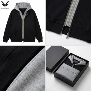 Sweat à capuche double couche avec doublure contrastante, style streetwear oversize, fermeture éclair, impression personnalisée, chaud et confortable - Product Image 6