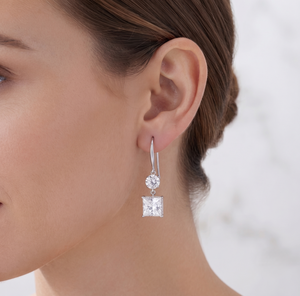 Pendientes colgantes de oro blanco de 18 quilates para mujer, con corte princesa y brillante redondo, clásicos para bodas, con diamantes cultivados en laboratorio, certificados por IGI - Product Image 3