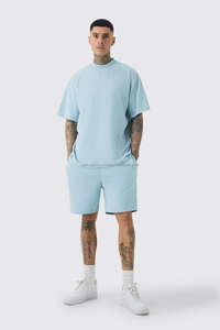 Camiseta y conjunto corto de corazón gráfico de gran tamaño de estilo veraniego informal de algodón 100% para hombre, patrón de estampado teñido liso transpirable de secado rápido - Product Image 5