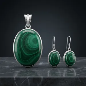 Green Malachite 925 Sterling Silver Indian Handmade Jewelry Set Oval Pendant <b>Earrings</b> Natural Gemstone Bohemian Women's Gift - Product Image 3