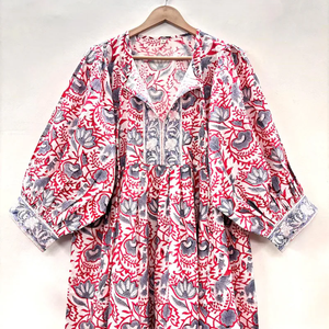 Robe décontractée mi-longue pour femme en coton tissé 100% uni, à manches courtes, taille empire, style babydoll, coupe ample et fonctionnelle à col en V oversize - Product Image 2