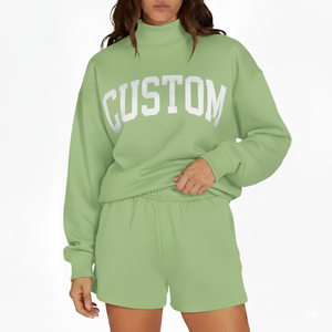 Ensemble court col montant confortable pour femme – Tenue deux pièces en maille chaude et douce pour la saison froide – Style décontracté pour la maison - Product Image 1