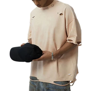 New Front Acid Washed 100% Cotton T-shirt Ripped Hole Metal <b>Ring</b> Accent Design Neck Regular Fit Breathable Quick Dry Men - Product Image 5