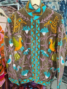 Hand Embroidered <b>Velvet</b> <b>Jacket</b> Mandarin Collar Full Sleeve Floral Bird Pattern Spring Women's Outerwear - Product Image 3