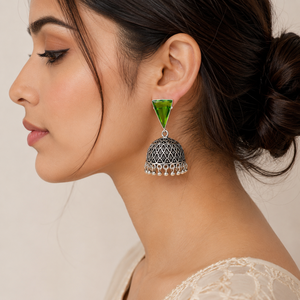 ARTS JEWELS Pendientes colgantes vintage de plata oxidada con jade verde para mujer |   Joyería de Fiesta Estilo Jhumka de Bollywood - Product Image 3
