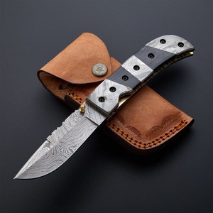 Couteau de poche Damas haut de gamme, couteau pliant avec manche en métal et G10, couteau pliant de luxe, lame Damas avec étui en cuir - Product Image 4
