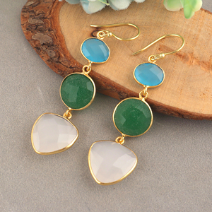 Elegant chalcedony & jade checker cut gemstone <b>earrings</b> handmade gold plated bezel setting drop dangle <b>hook</b> connector jewelry - Product Image 6