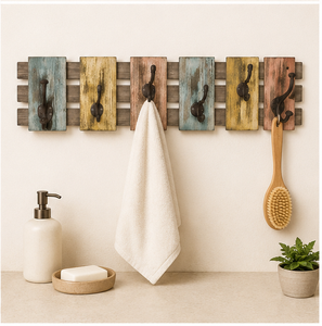 Porte-manteau mural vintage en bois massif coloré avec 6 crochets métalliques durables, style industriel rustique, décoratif pour entrée et clés - Product Image 2