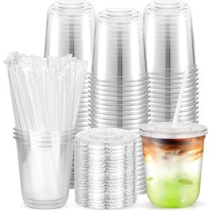 100 bicchieri di plastica usa e getta da 12 oz con cannucce trasparenti e coperchi piatti, piccoli bicchieri per caffè freddo Bottom Go Cups - Product Image 1