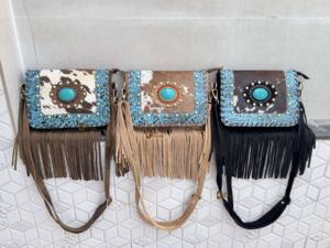 Élégant véritable peau de vache frange sac à main Turquoise pierre multi-usage fronde gitane Boho Vintage Design nouveau gland fait à la main bouton lettre - Product Image 5
